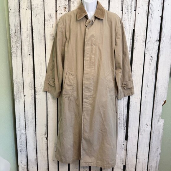 VTG Britches Great Outdoors Duster Jacket Mens Large Trench Khaki Button Cotton - Picture 2 of 13